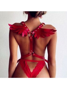 RED Leather Harness Angel Wing Garter Belt Waistband Slave Fetish Bondage BDSM